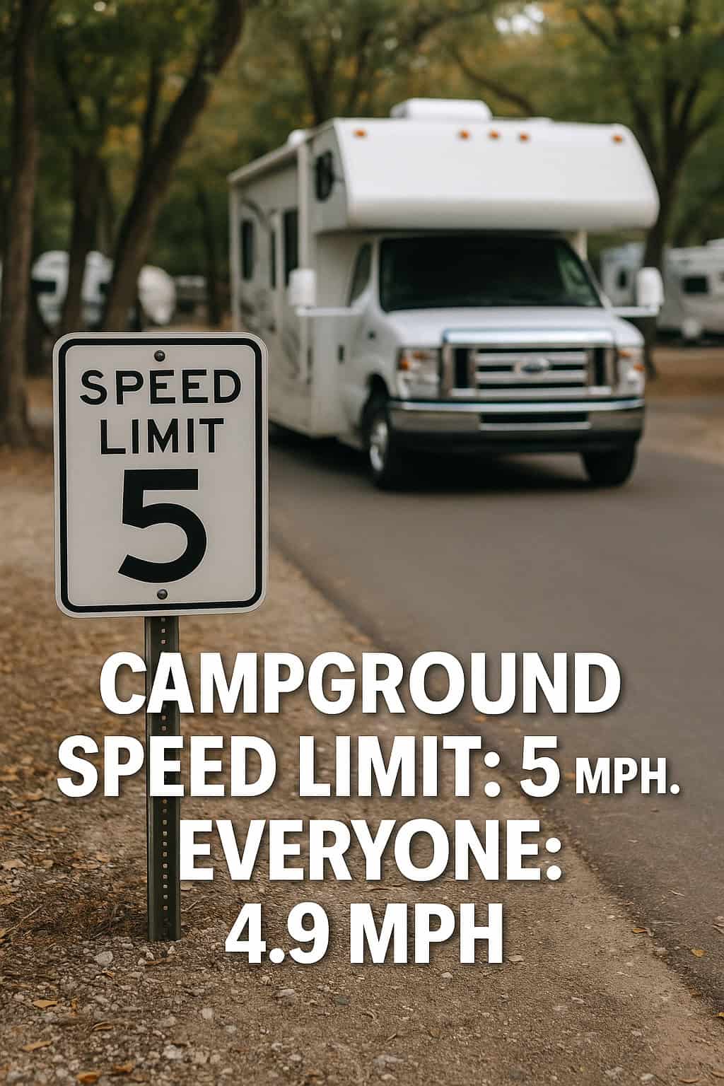 Campground Speed Limit: 5 mph. Everyone: 4.9 mph.