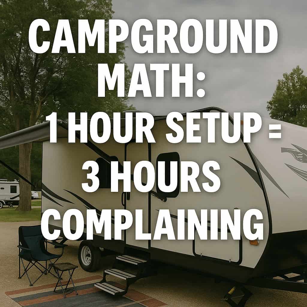 “Campground Math: 1 Hour Setup = 3 Hours Complaining.”